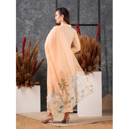 ANNI DESIGNER Women's Cotton Blend Straight Printed Kurta with Pant & Dupatta (Gosala Peach-NW_M_Peach_Medium)