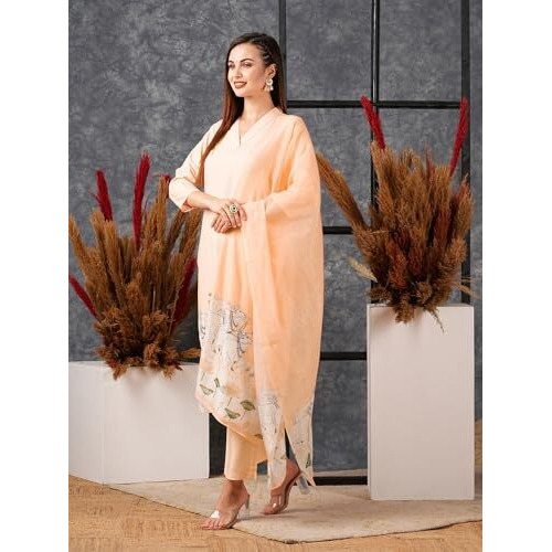 ANNI DESIGNER Women's Cotton Blend Straight Printed Kurta with Pant & Dupatta (Gosala Peach-NW_M_Peach_Medium)