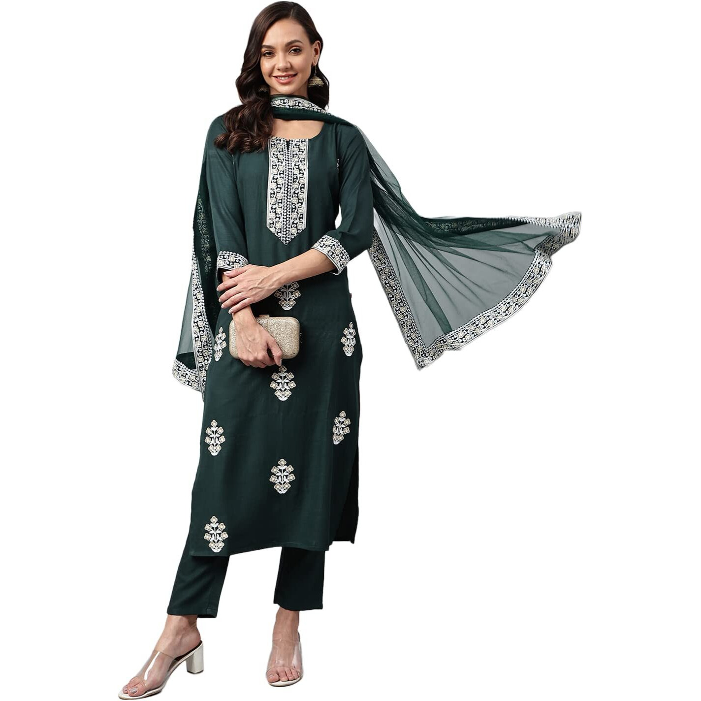 ANNI DESIGNER Women's Cotton Blend Straight Embroidered Kurta with Pant & Dupatta (Tistha Green_L_Green_Large)