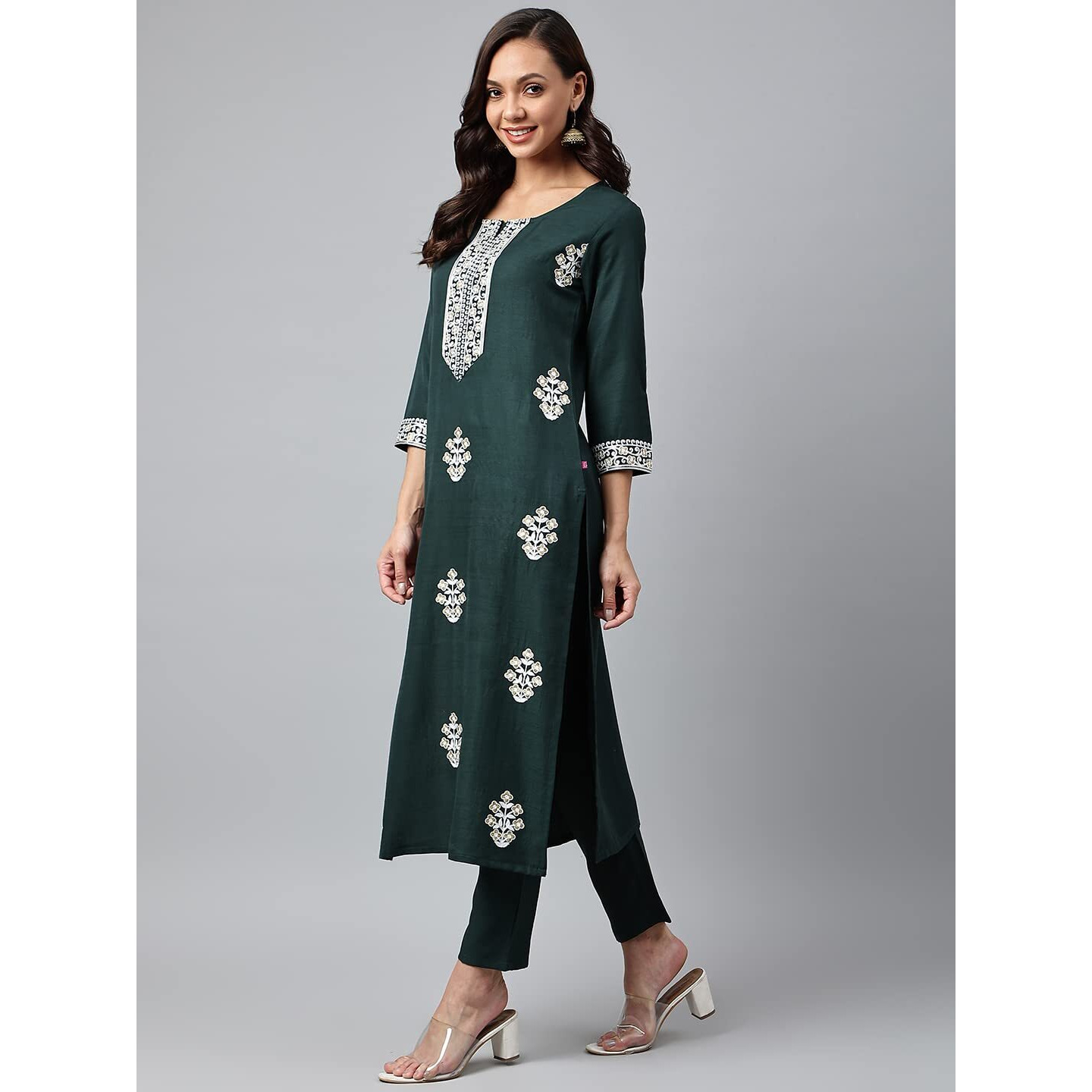 ANNI DESIGNER Women's Cotton Blend Straight Embroidered Kurta with Pant & Dupatta (Tistha Green_L_Green_Large)