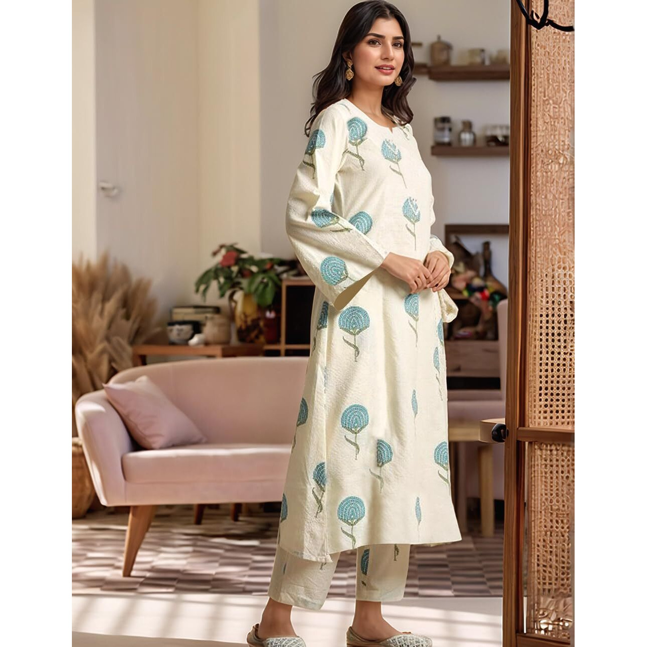 ANNI DESIGNER Women's Rayon Viscose Printed Straight Kurta with Pant (Janya Sky_S_Sky Blue_Small)