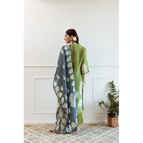 ANNI DESIGNER Women's Rayon Viscose Printed Straight Kurta with Pant & Dupatta (PANUJA Green_M_Green_Medium)
