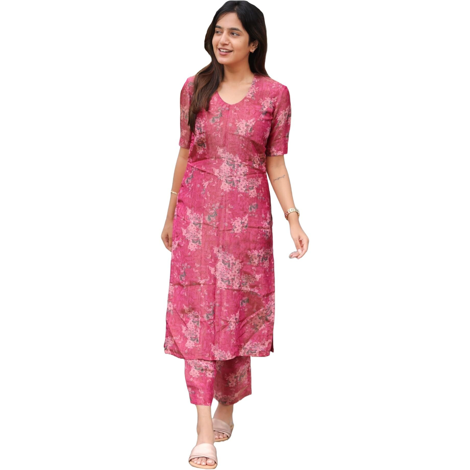 ANNI DESIGNER Women's Rayon Viscose Straight Printed Kurta with Pant (Tisur Pink_L_Pink_Large)