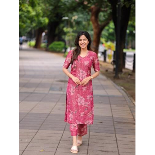 ANNI DESIGNER Women's Rayon Viscose Straight Printed Kurta with Pant (Tisur Pink_L_Pink_Large)