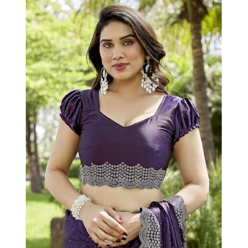 Yashika Women's Bollywood Satin Moss Saree with Blouse |Saree for Women| New Sari (AZ-YS-P1-ARSHIFA PURPLE)
