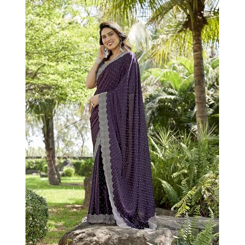 Yashika Women's Bollywood Satin Moss Saree with Blouse |Saree for Women| New Sari (AZ-YS-P1-ARSHIFA PURPLE)