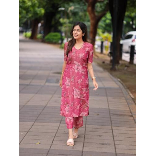 ANNI DESIGNER Women's Rayon Viscose Straight Printed Kurta with Pant (Tisur Pink_XL_Pink_X-Large)