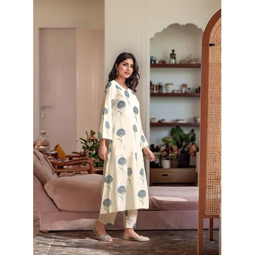 ANNI DESIGNER Women's Rayon Viscose Printed Straight Kurta with Pant (Janya Cerosin_L_Dark Blue_Large)