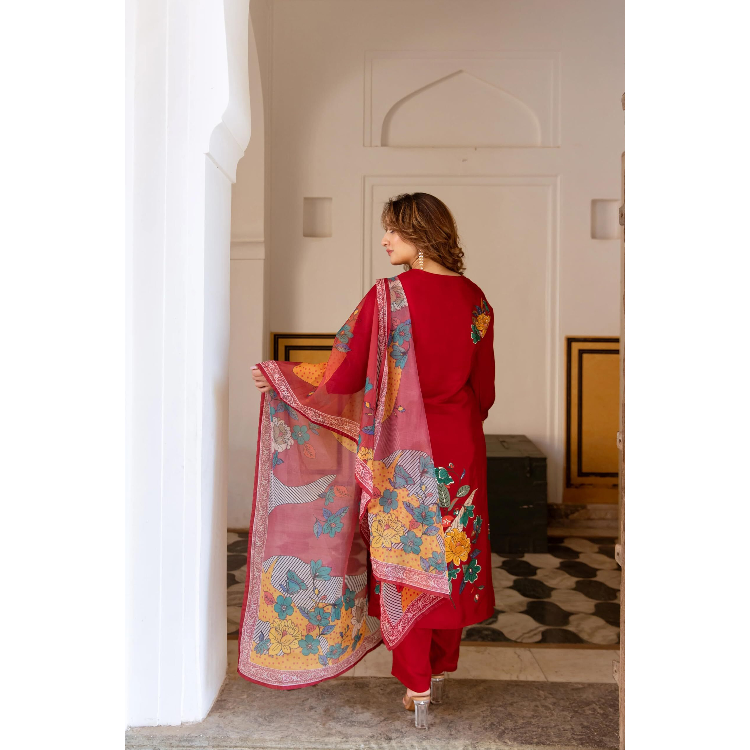 ANNI DESIGNER Women's Rayon Viscose Straight Printed Kurta with Pant & Dupatta (URANCHU RED_XXL_Red_XX-Large)