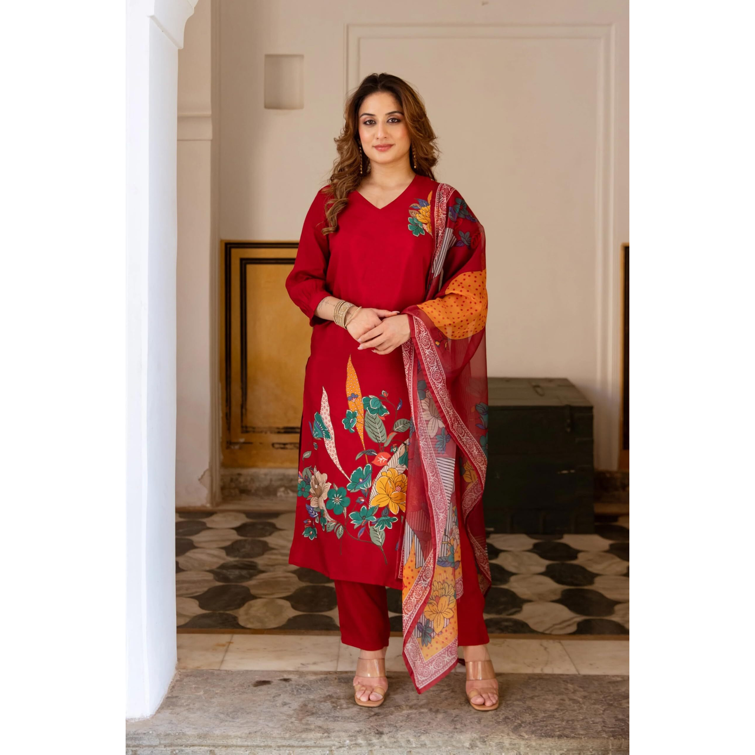 ANNI DESIGNER Women's Rayon Viscose Straight Printed Kurta with Pant & Dupatta (URANCHU RED_XXL_Red_XX-Large)