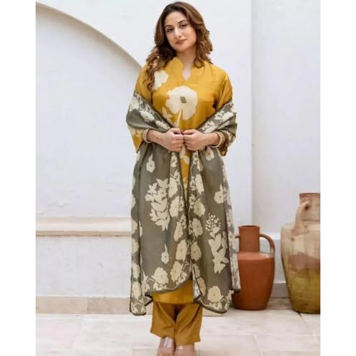 ANNI DESIGNER Women's Rayon Viscose Printed Straight Kurta with Pant & Dupatta (PANUJA Yellow_S_Yellow_Small)