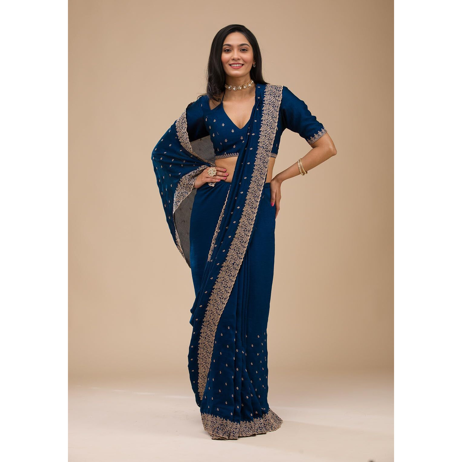 Yashika Women Vichitra Silk Saree with Embroidered Border with Unstitched Blouse Piece | Latest Sarees Bollywood Sari | New Sarees | Saree Blouse| Designer Saree (AZ-YS-OG-LADYQUEEN BLUE)