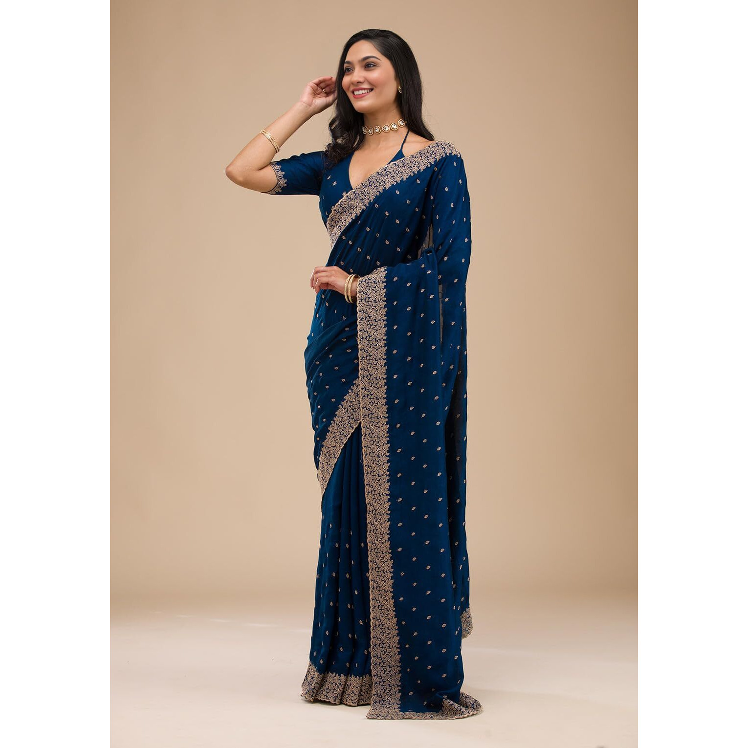 Yashika Women Vichitra Silk Saree with Embroidered Border with Unstitched Blouse Piece | Latest Sarees Bollywood Sari | New Sarees | Saree Blouse| Designer Saree (AZ-YS-OG-LADYQUEEN BLUE)