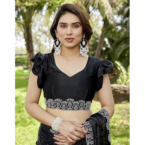 Yashika Women's Bollywood Satin Moss With Swarovski Stone Saree with Blouse |saree for Women | Silk Saree | New Sari | Latest Saree (AZ-YS-P1-NABNITA BLACK)