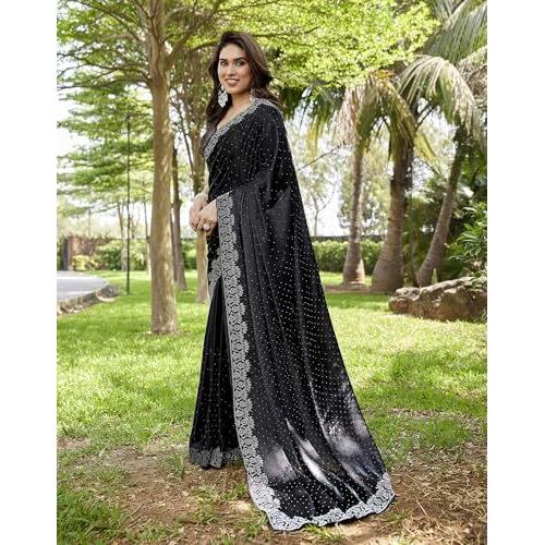 Yashika Women's Bollywood Satin Moss With Swarovski Stone Saree with Blouse |saree for Women | Silk Saree | New Sari | Latest Saree (AZ-YS-P1-NABNITA BLACK)