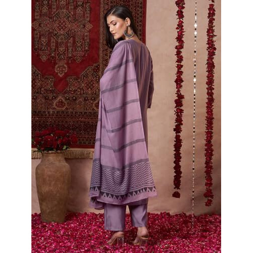 ANNI DESIGNER Women's Rayon Viscose Solid Straight Kurta with Pant & Dupatta (Raja Saab Purple-VKS14_XL_Purple_X-Large)