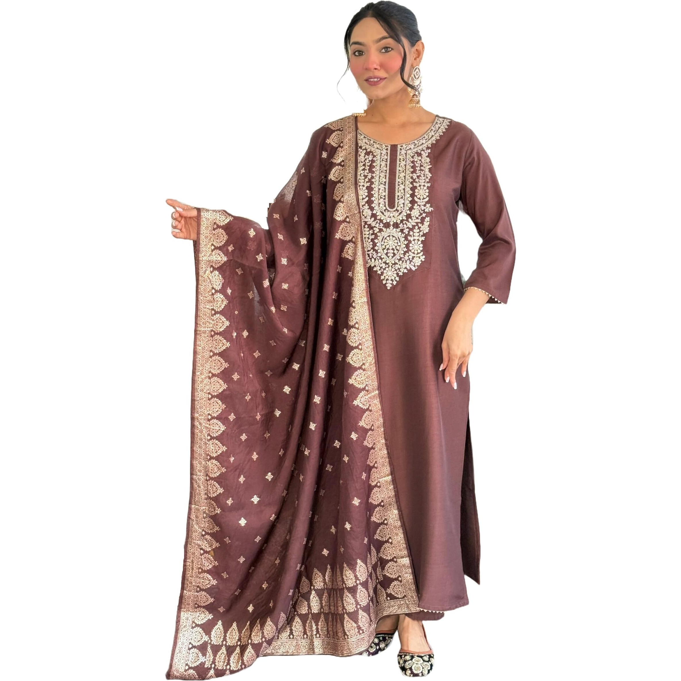 KLOSIA Women's Solid Embroidery Kurta and Pant Set with Dupatta (in, Alpha, L, Brown)