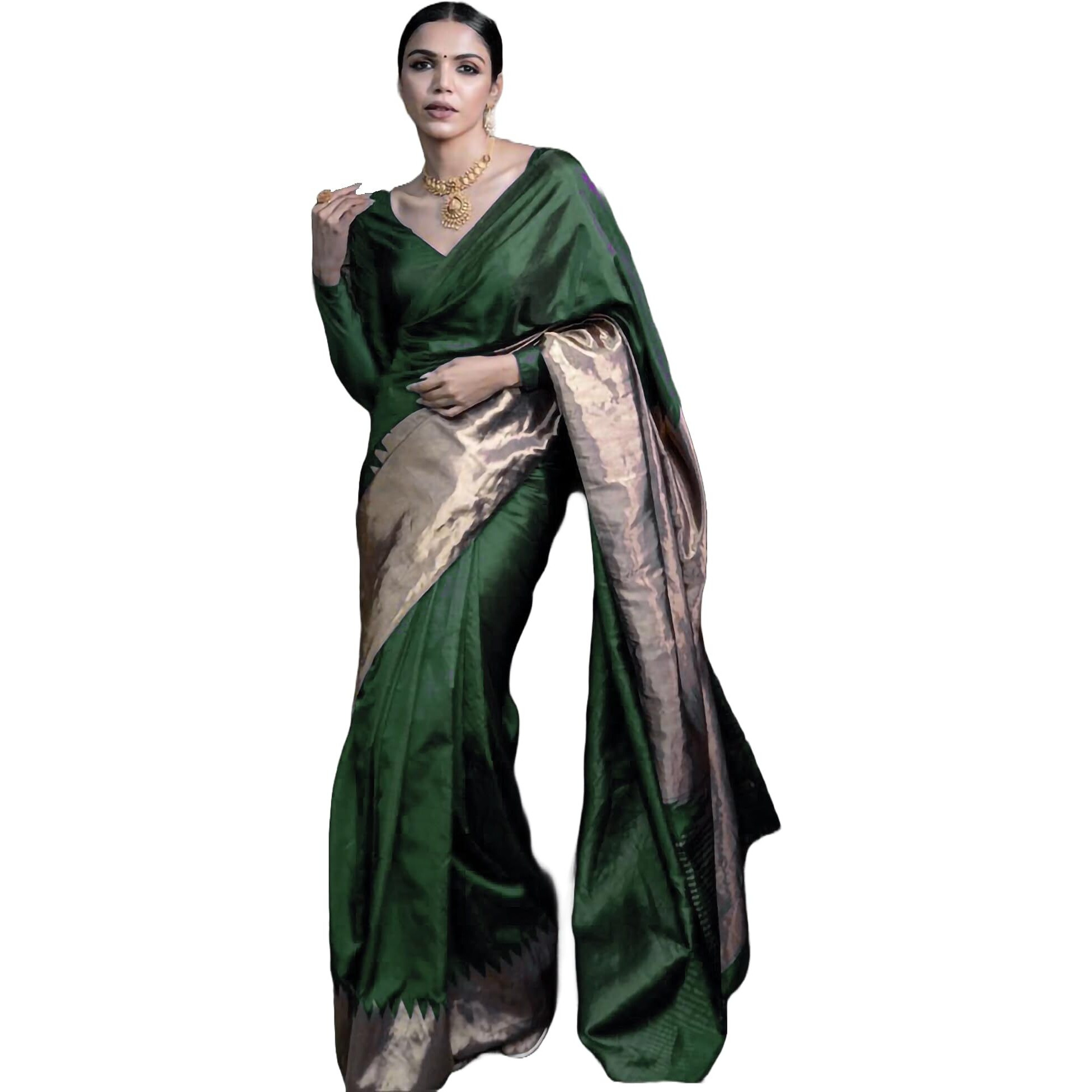 Yashika Women's Banarasi Kanjivaram Cotton Silk Woven Saree with Unstitched Blouse Material (AZ-YS-OG-MULBERRY GREEN)