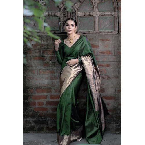Yashika Women's Banarasi Kanjivaram Cotton Silk Woven Saree with Unstitched Blouse Material (AZ-YS-OG-MULBERRY GREEN)