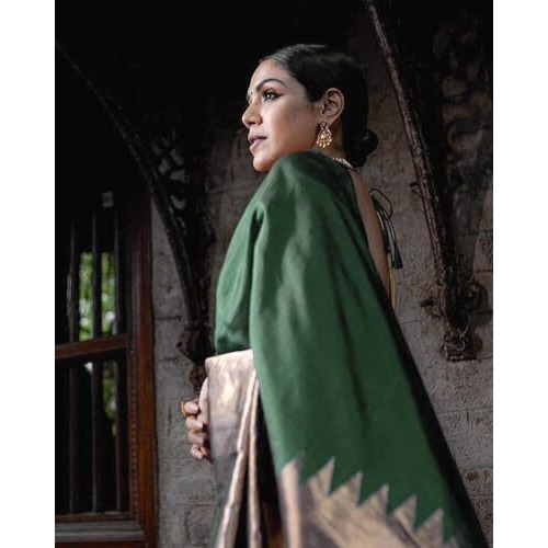 Yashika Women's Banarasi Kanjivaram Cotton Silk Woven Saree with Unstitched Blouse Material (AZ-YS-OG-MULBERRY GREEN)