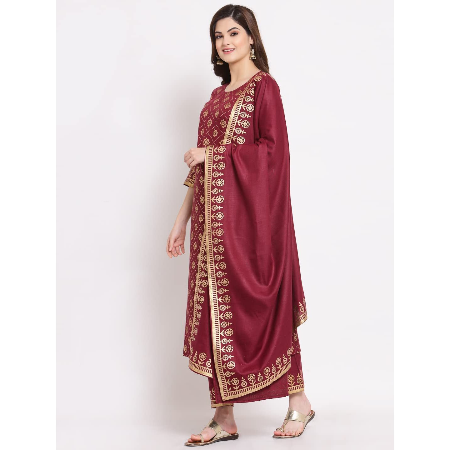 ANNI DESIGNER Women's Straight Cotton Kurta with Palazzo & Dupatta (KPZD-COT-10001-NEW-WINE_XL_Wine_X-Large)