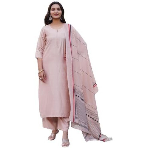 ANNI DESIGNER Women's Rayon Blend Solid Straight Kurta with Pant & Dupatta (Raja Saab Beige-VKS03_XL_Beige_X-Large)