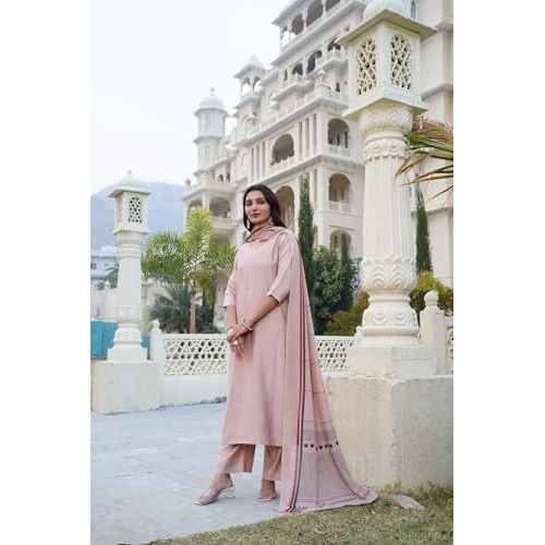 ANNI DESIGNER Women's Rayon Blend Solid Straight Kurta with Pant & Dupatta (Raja Saab Beige-VKS03_XL_Beige_X-Large)