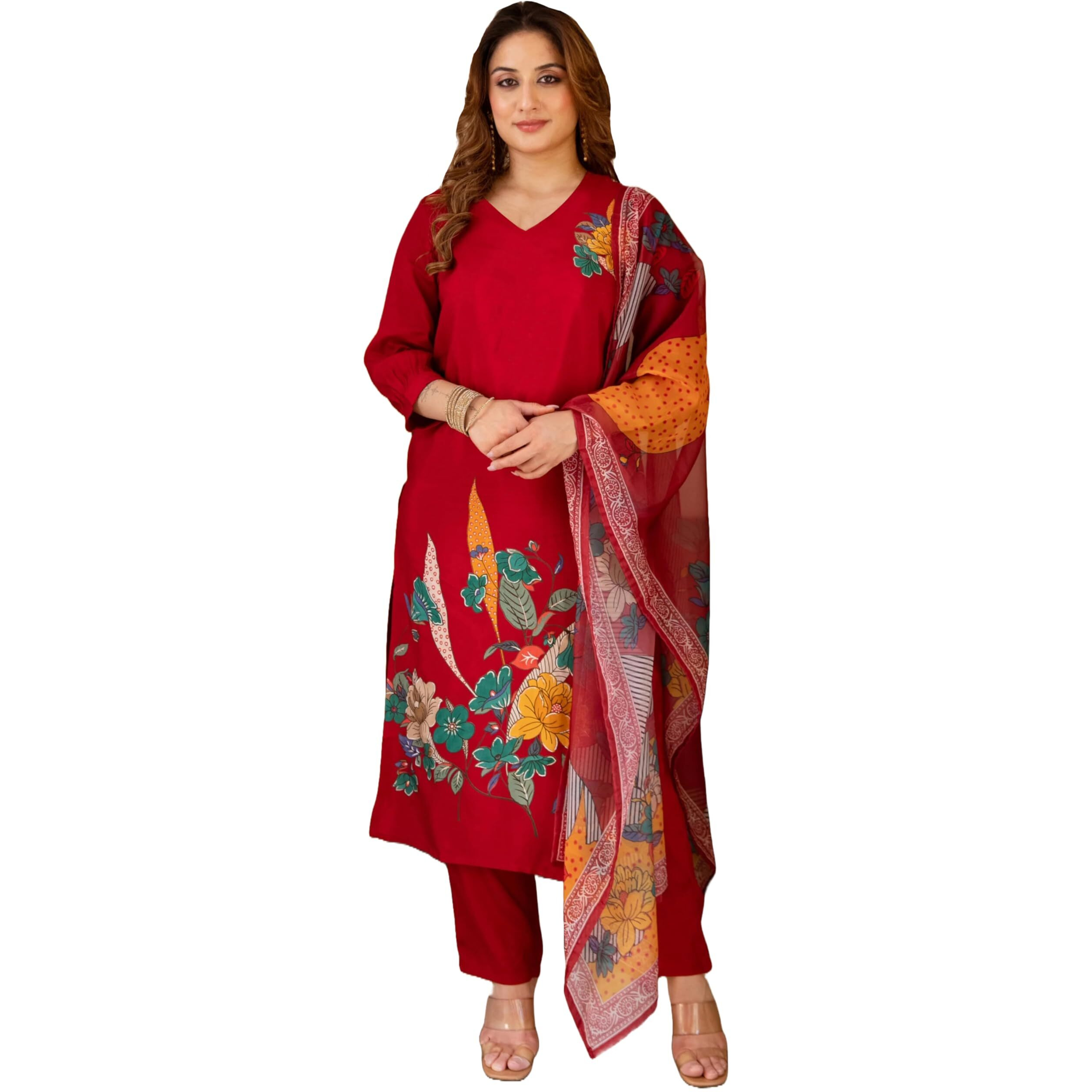 ANNI DESIGNER Women's Rayon Viscose Straight Printed Kurta with Pant & Dupatta (URANCHU RED_L_Red_Large)