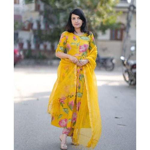 ANNI DESIGNER Women's Rayon Viscose Printed Anarkali Kurta with Pant & Dupatta (Rubina Yellow_M_Yellow_Medium)