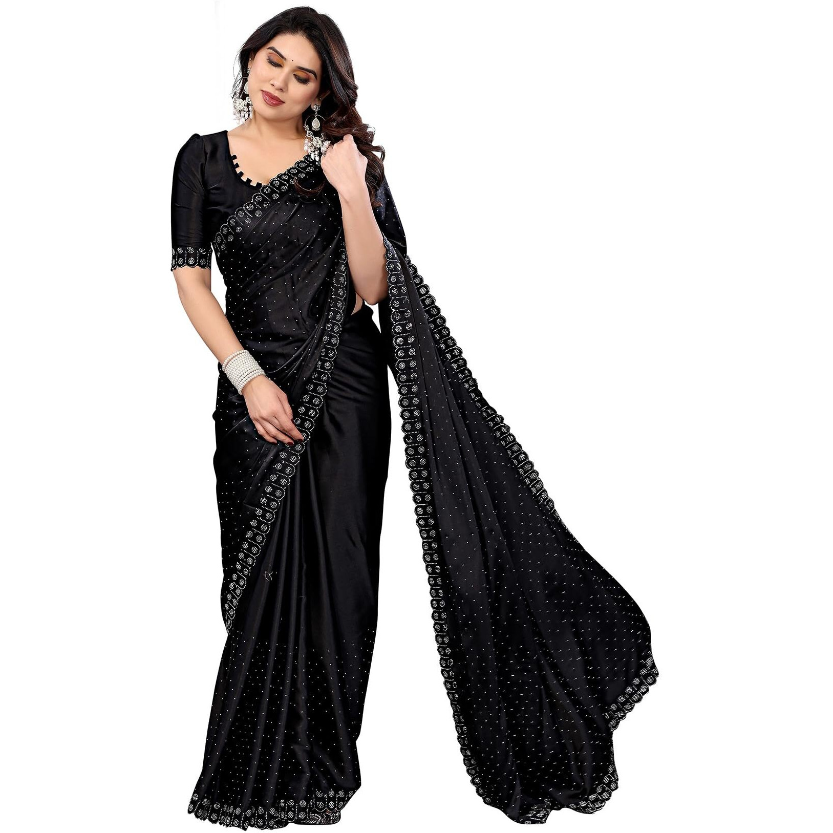 Yashika Women's Bollywood Moss Satin Swarovski Stone Saree Set with Blouse |saree for Women | New Sari | Latest Saree (AZ-YS-P1-CHINTU BLACK)