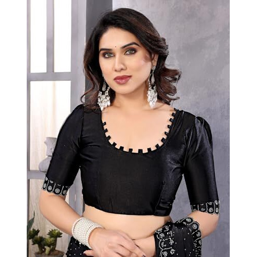 Yashika Women's Bollywood Moss Satin Swarovski Stone Saree Set with Blouse |saree for Women | New Sari | Latest Saree (AZ-YS-P1-CHINTU BLACK)