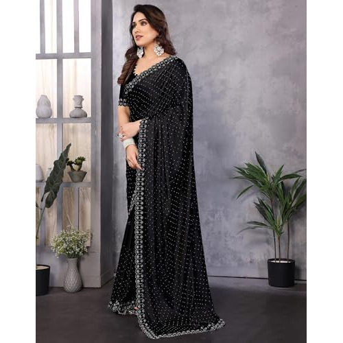 Yashika Women's Bollywood Moss Satin Swarovski Stone Saree Set with Blouse |saree for Women | New Sari | Latest Saree (AZ-YS-P1-CHINTU BLACK)