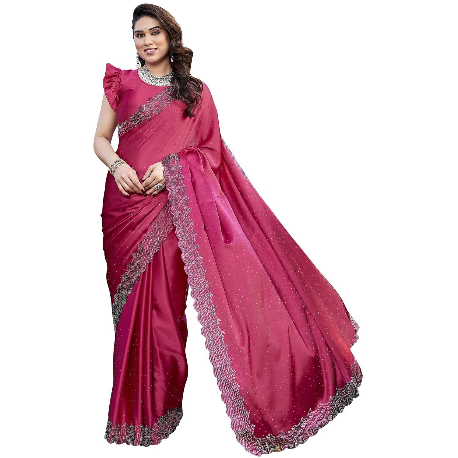 Yashika Women's Bollywood Satin Moss Saree with Blouse |Saree for Women| New Sari (AZ-YS-P1-ARSHIFA PINK)