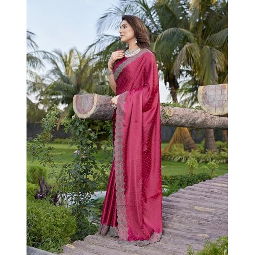 Yashika Women's Bollywood Satin Moss Saree with Blouse |Saree for Women| New Sari (AZ-YS-P1-ARSHIFA PINK)