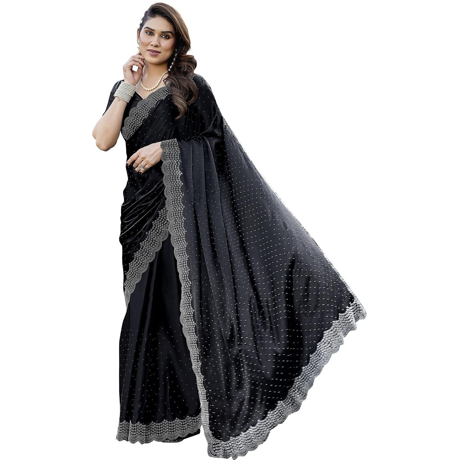 Yashika Women's Bollywood Satin Moss Saree with Blouse |Saree for Women| New Sari (AZ-YS-P1-ARSHIFA BLACK)