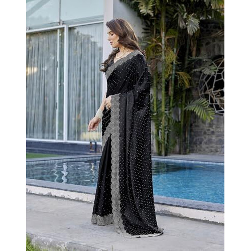 Yashika Women's Bollywood Satin Moss Saree with Blouse |Saree for Women| New Sari (AZ-YS-P1-ARSHIFA BLACK)