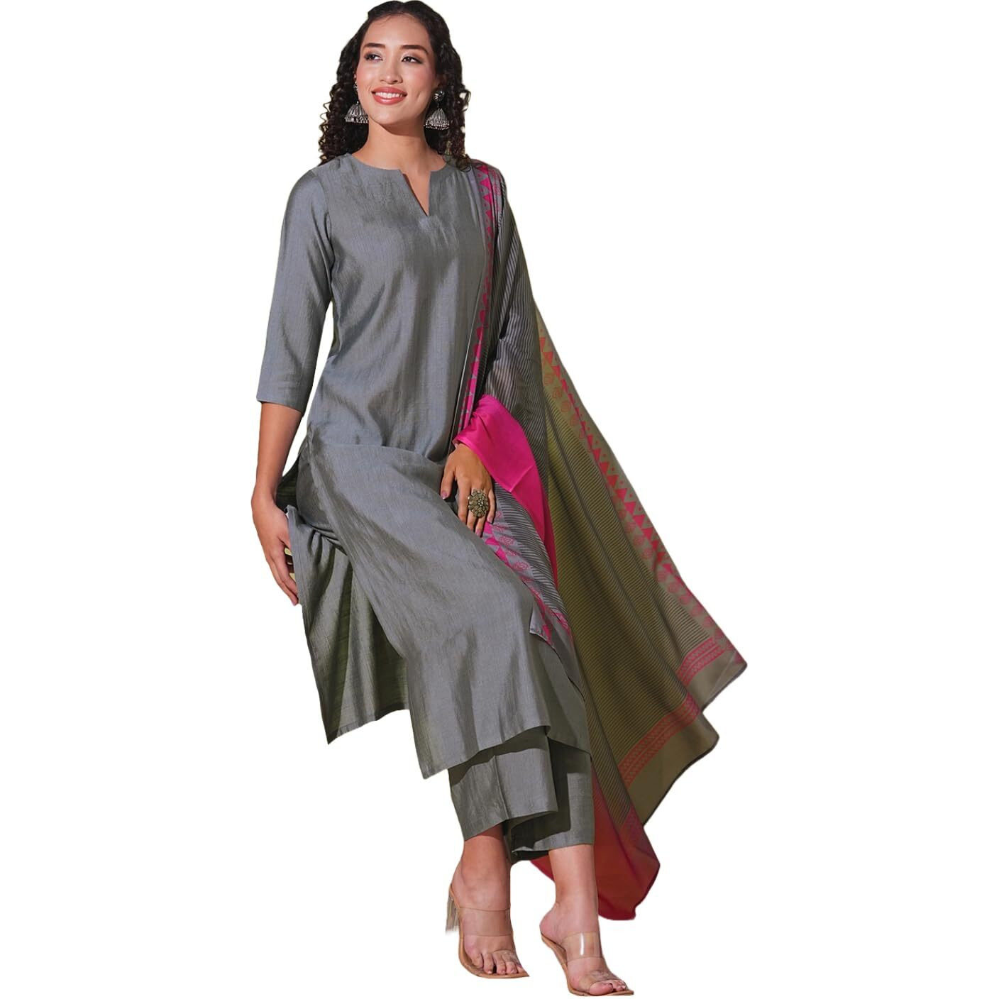 ANNI DESIGNER Women's Rayon Viscose Solid Straight Kurta with Pant & Dupatta (Mogul GREY-VKS01_L_Grey_Large)