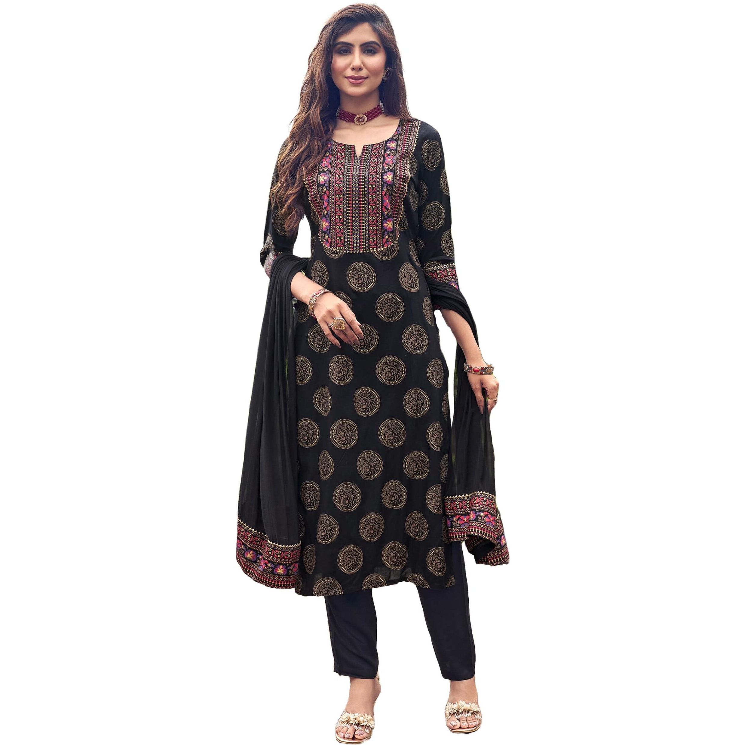 ANNI DESIGNER Women's Cotton Blend Printed Straight Kurta with Pant & Dupatta (NOV-Black-NRB_S_Black_Small)