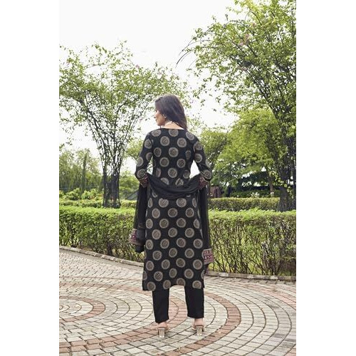 ANNI DESIGNER Women's Cotton Blend Printed Straight Kurta with Pant & Dupatta (NOV-Black-NRB_S_Black_Small)