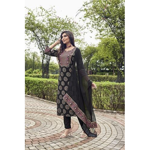 ANNI DESIGNER Women's Cotton Blend Printed Straight Kurta with Pant & Dupatta (NOV-Black-NRB_S_Black_Small)