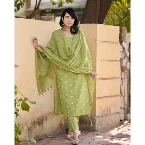 ANNI DESIGNER Women's Rayon Viscose Straight Printed Kurta with Pant & Dupatta (MAHEMAN Pista_XL_Pista_X-Large)
