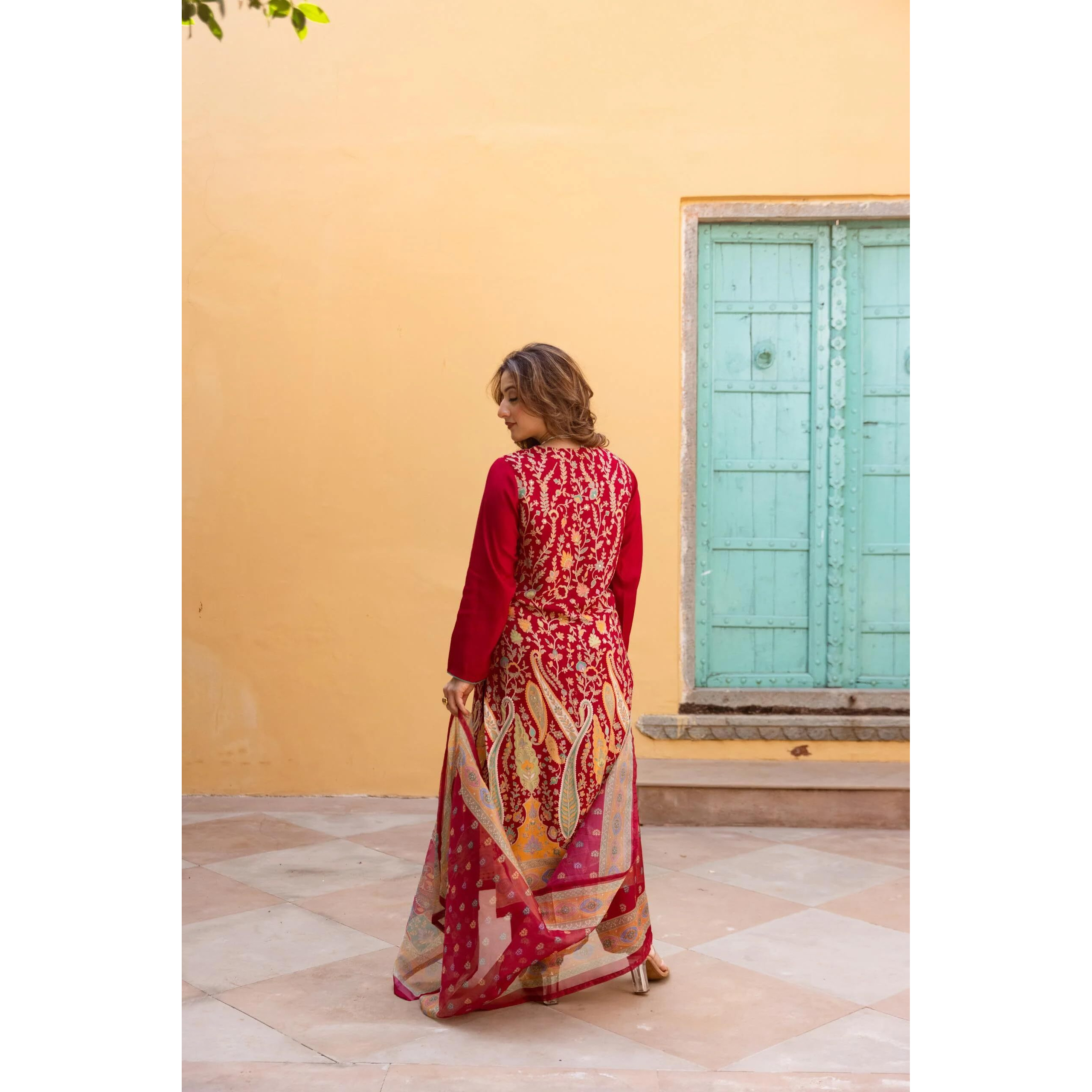 ANNI DESIGNER Women's Rayon Viscose Straight Printed Kurta with Pant & Dupatta (SETUL RED_L_Red_Large)