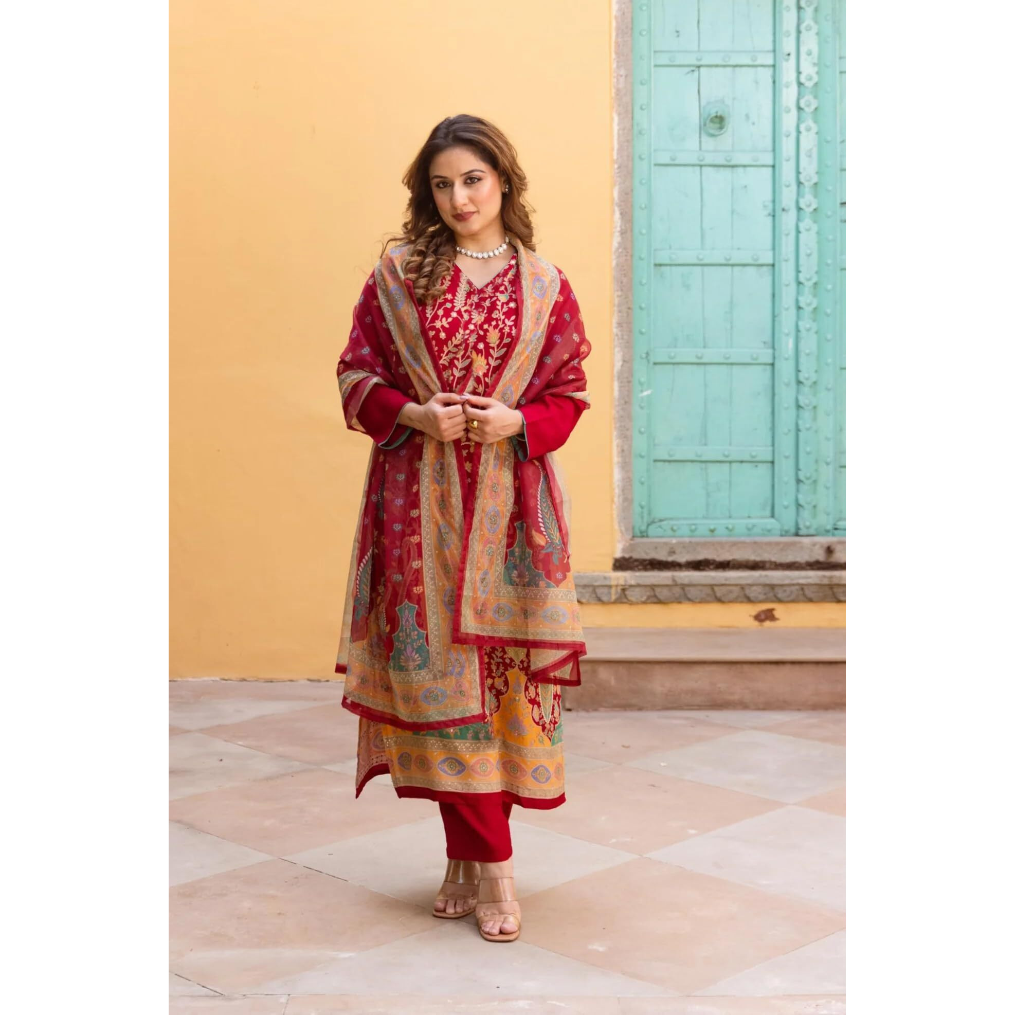 ANNI DESIGNER Women's Rayon Viscose Straight Printed Kurta with Pant & Dupatta (SETUL RED_L_Red_Large)
