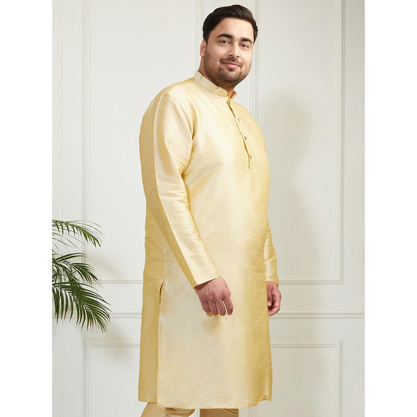 VASTRAMAY Mens Golden-Beige Silk Kurta Pajama Set  Mandarin Collar, Straight Cut, Festive