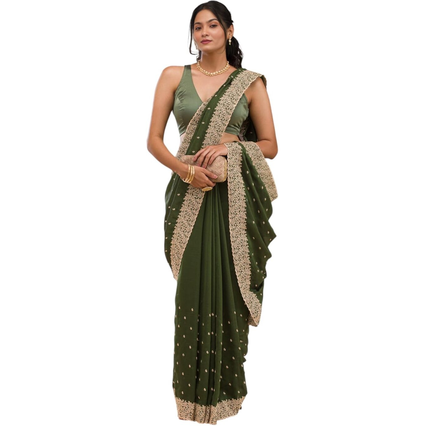 Yashika Women Vichitra Silk Saree with Embroidered Border with Unstitched Blouse Piece | Latest Sarees Bollywood Sari | New Sarees | Saree Blouse| Designer Saree (AZ-YS-OG-LADYQUEEN MEHENDI)