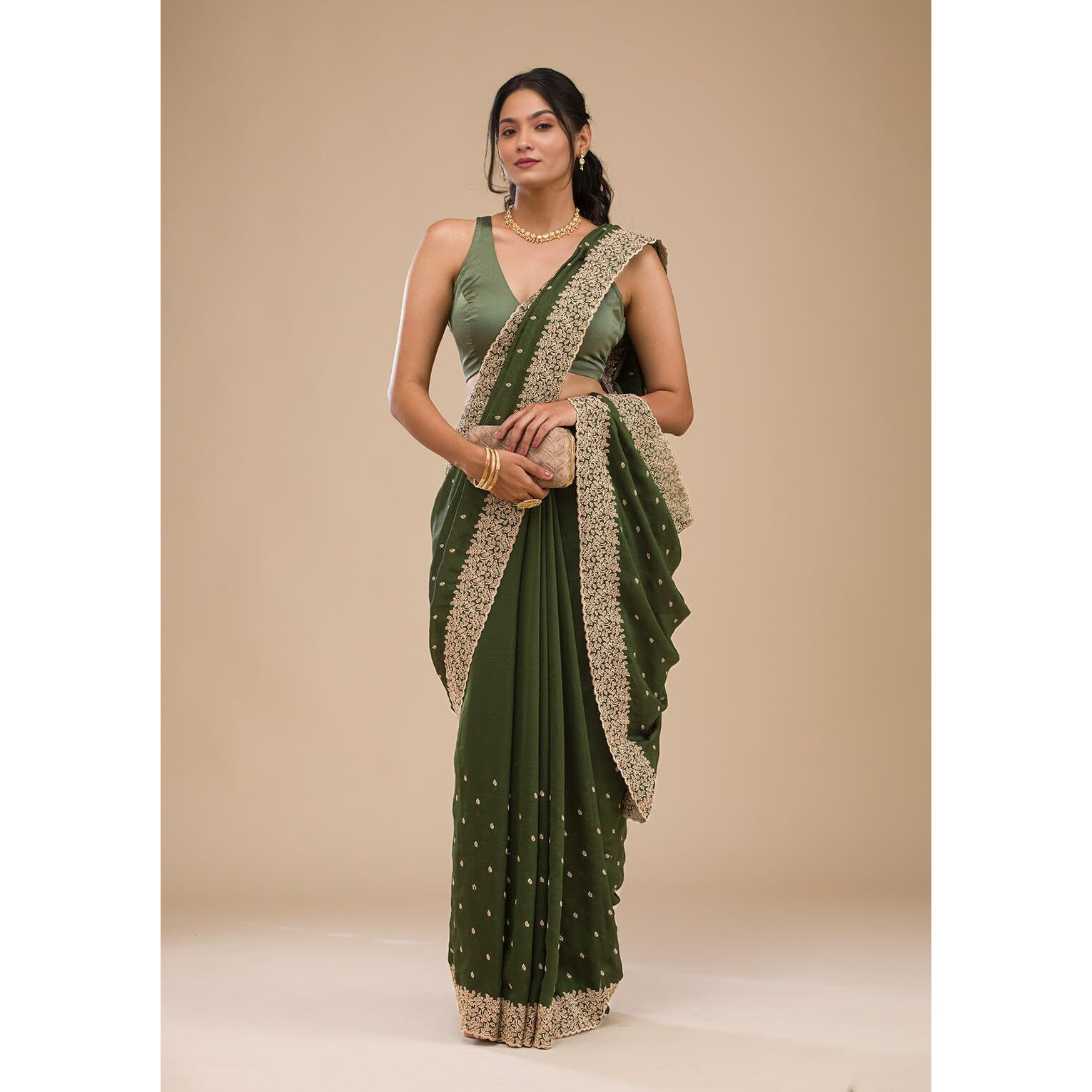 Yashika Women Vichitra Silk Saree with Embroidered Border with Unstitched Blouse Piece | Latest Sarees Bollywood Sari | New Sarees | Saree Blouse| Designer Saree (AZ-YS-OG-LADYQUEEN MEHENDI)