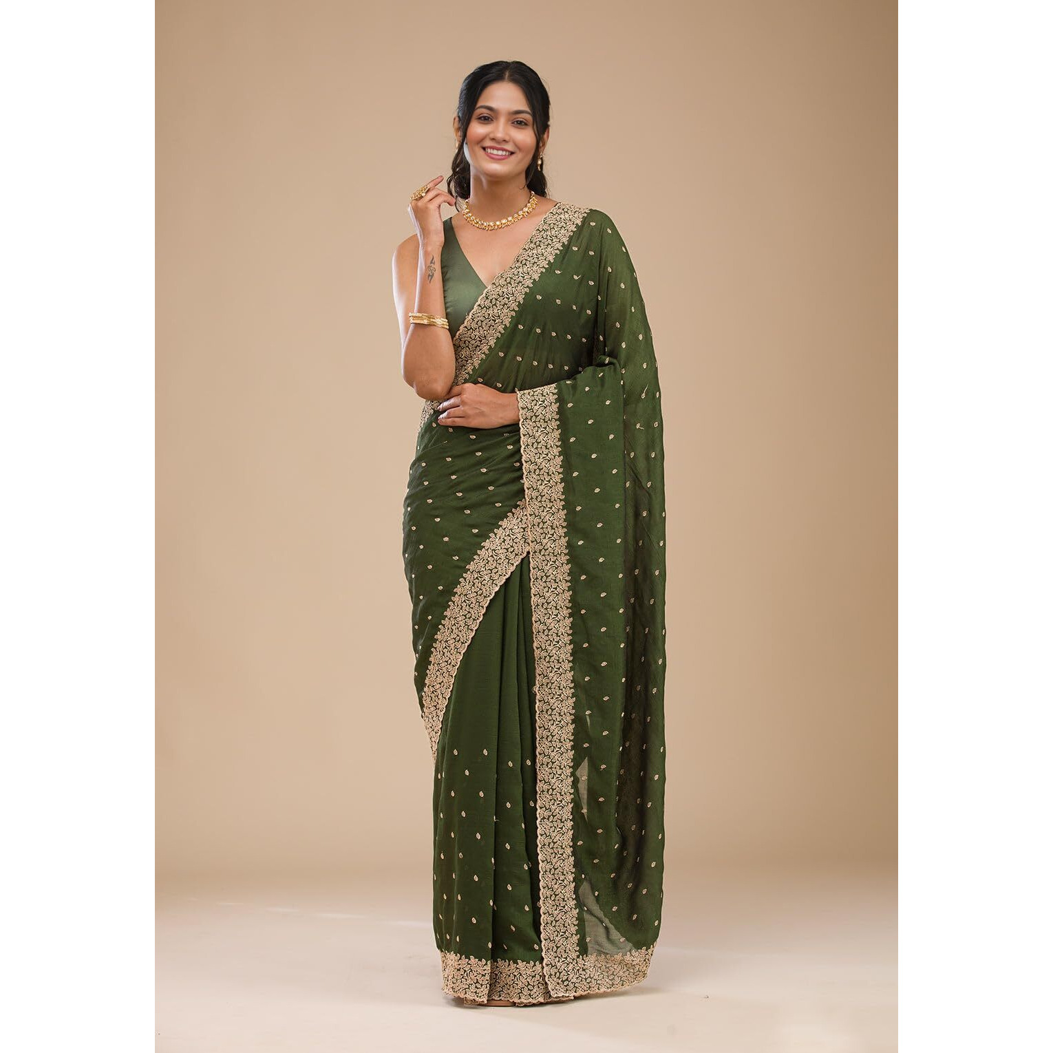 Yashika Women Vichitra Silk Saree with Embroidered Border with Unstitched Blouse Piece | Latest Sarees Bollywood Sari | New Sarees | Saree Blouse| Designer Saree (AZ-YS-OG-LADYQUEEN MEHENDI)