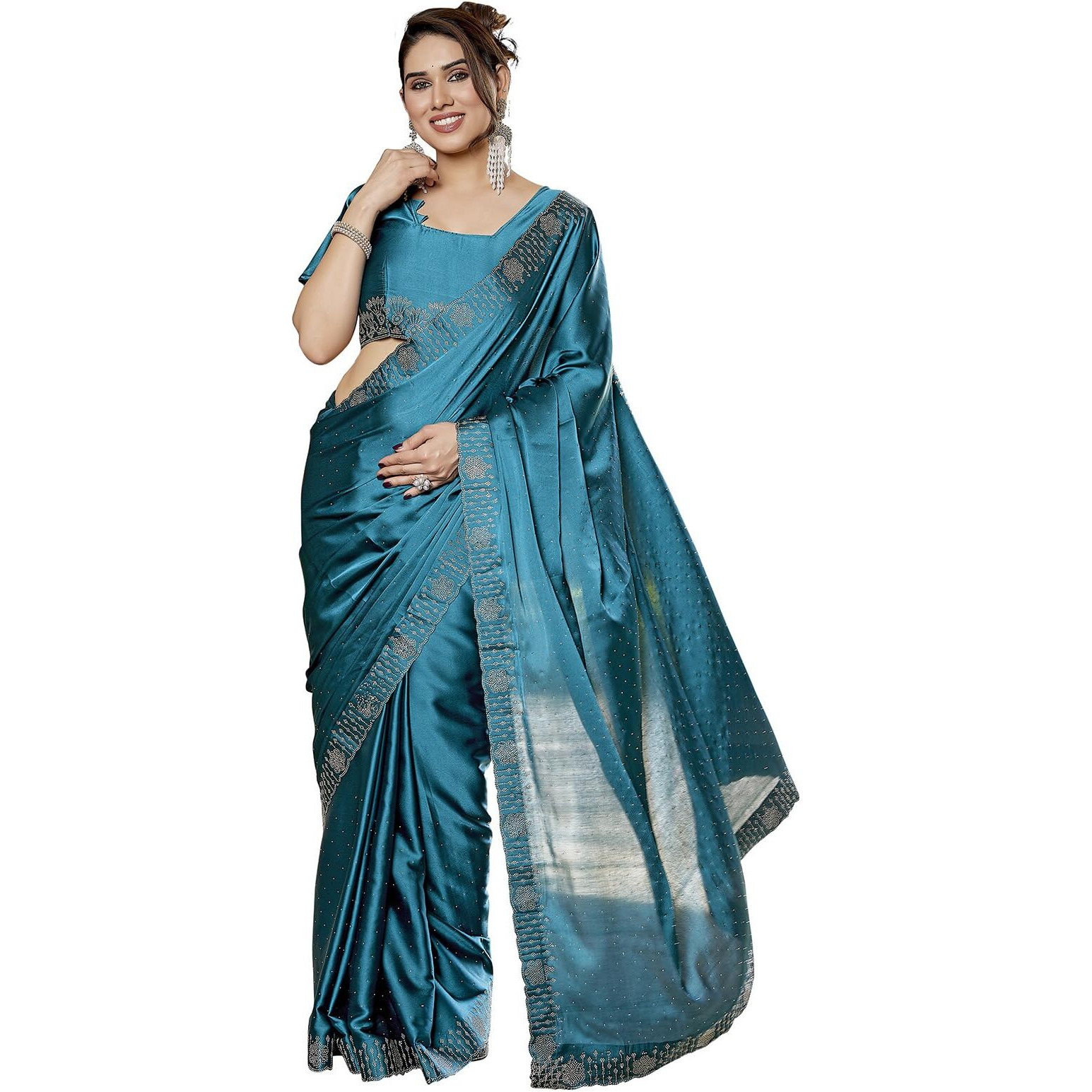Yashika Women's Bollywood Satin Moss With Swarovski Stone Saree with Blouse |saree for Women | Silk Saree | New Sari | Latest Saree (AZ-YS-P1-NAGMA RAMA)