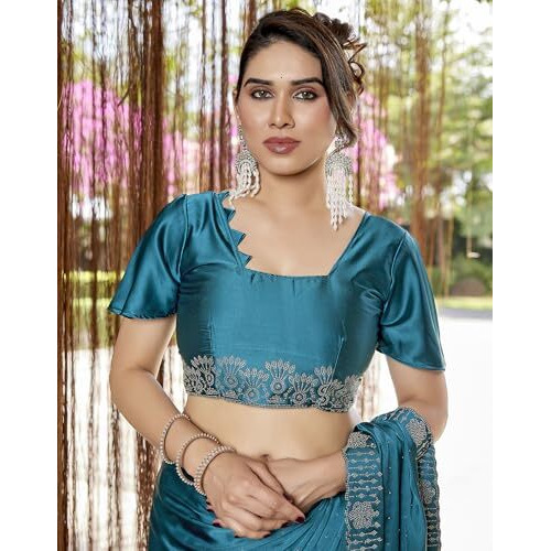 Yashika Women's Bollywood Satin Moss With Swarovski Stone Saree with Blouse |saree for Women | Silk Saree | New Sari | Latest Saree (AZ-YS-P1-NAGMA RAMA)