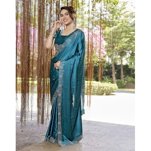 Yashika Women's Bollywood Satin Moss With Swarovski Stone Saree with Blouse |saree for Women | Silk Saree | New Sari | Latest Saree (AZ-YS-P1-NAGMA RAMA)